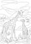 Coloring page. Mother giraffe with long neck stands with her little cute baby and smiles