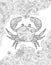 Coloring page. Ornate crab and sea waves. Vertical composition.