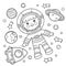 Coloring Page Outline Of a cartoon astronaut with rocket in space. Little spaceman or cosmonaut. Coloring book for kids