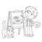 Coloring Page Outline Of cartoon boy with brush, paints and cat. Little artist at the easel drawing color fishes. Coloring book