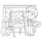 Coloring Page Outline Of cartoon boy with brush, paints and cat. Little artist at the easel drawing cute house. Coloring book for