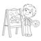 Coloring Page Outline Of cartoon boy with brush and paints. Little artist at the easel drawing cute house. Coloring book for kids