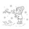 Coloring Page Outline Of cartoon boy feeding birds. Winter.