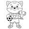 Coloring Page Outline Of cartoon cat with cup and soccer ball. Champion or winner of football game. Coloring Book for kids