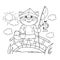 Coloring Page Outline of cartoon cat with fishing rod. Cheerful fisher or fisherman with fish. Coloring Book for kids