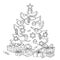 Coloring Page Outline Of cartoon Christmas tree with ornaments and gifts.