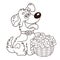 Coloring Page Outline Of cartoon dog with basket of flowers. Greeting card. Birthday. Valentine`s day. Coloring book for kids
