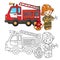 Coloring Page Outline Of cartoon fire truck with fireman or firefighter. Fire fighting. Professional transport. Coloring Book for