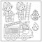 Coloring Page Outline Of cartoon fire truck with firemen or firefighters. Profession. Coloring Book for kids