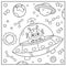 Coloring Page Outline Of a cartoon flying saucer with alien in space. Coloring book for kids