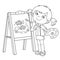 Coloring Page Outline Of cartoon girl with brush and paints. Little artist at the easel drawing color fishes. Coloring book for