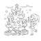 Coloring Page Outline Of cartoon girl decorating the Christmas tree with gifts. Christmas. New year. Coloring book for kids.