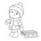 Coloring Page Outline Of cartoon girl with sledge. Winter.