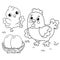 Coloring Page Outline of cartoon hen with little chick.  Chicken nest with eggs. Coloring book for kids