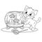 Coloring Page Outline Of cartoon little cat with aquarium with color fish. Cute playful kitten. Pet. Coloring book for kids