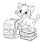 Coloring Page Outline Of cartoon little cat with school supplies. Cute kitten with satchel and books. Coloring book for kids