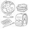 Coloring Page Outline of children satchel or knapsack with books or textbooks and with globe. School supplies. Coloring book for