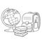 Coloring Page Outline of children satchel or knapsack with books or textbooks and with globe. School supplies. Coloring book for