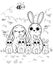 Coloring page outline of cute cartoon hare family with little bunnies. Vector image with forest background.