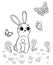 Coloring page outline of cute cartoon hare watching butterflies. Vector image with forest background.