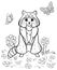 Coloring page outline of cute cartoon standing raccoon with butterflies. Vector image with nature background. Coloring book of