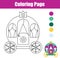 Coloring page with princess carriage. Drawing kids game. Printable activity