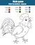 Coloring page with rooster. Color by numbers, mathematics educational game, worksheet