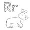 Coloring page for study letter R, outline illustration  of rhino and volumetric letters with patterns
