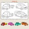 Coloring page of variation vehicles. City car, truck, double cabin and mini truck