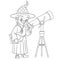 Coloring page with wizard or astronomer with telescope