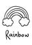 Coloring pages, black and white cute kawaii hand drawn rainbow doodles, lettering rainbow
