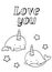 Coloring pages, black and white cute kawaii hand drawn two narwhal doodles, lettering love you