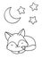 Coloring pages, black and white cute kawaii hand drawn wolf and moon and stars doodles