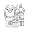 Coloring pages for children. Cute penguin, gift boxes and Christmas decorations