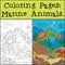 Coloring Pages: Marine Animals. Mother sea turtle swims underwater with her little cute baby and smiles