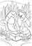 Coloring pages. Wild animals. Little cute baby fox looks at the bug.
