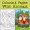 Coloring Pages: Wild animals. Little cute baby fox sits and looks at the fly.