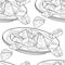 Coloring seamless pattern crockery bowl dish with appetizer bread croutons. vector illustration