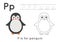 Coloring and tracing page with letter P and cute cartoon penguin.