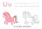 Coloring and tracing page with letter U and cute cartoon unicorn.