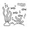 Colorings. Underwater inhabitants and algae, coloring book. Fish and plants. Doodle of marine animals and plants isolated on a