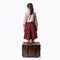 Colorized Japanese Photography: Mary With Suitcase In Red Skirt