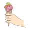 colorized single line drawing of hand holding ice cream cone