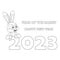 Colorless 2023 text with cartoon Rabbit. Black and white template page for coloring book with Bunny as symbol of 2023 Chinese New