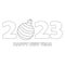 Colorless cartoon Christmas Ball among numbers 2023. Black and white template page for coloring book with Hare as symbol of 2023