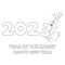 Colorless cartoon Rabbit carries a number three. Black and white template page for coloring book with Bunny as symbol of 2023