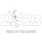 Colorless cartoon Rabbit carry Christmas Tree. Black and white template page for coloring book with Bunny as symbol of 2023