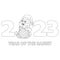 Colorless cartoon Rabbit with christmas ball sitting among 2023. Black and white template page for coloring book. Black contour