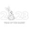 Colorless cartoon Rabbit holding Christmas ball. Black and white template for coloring book with Bunny as symbol of 2023 New Year