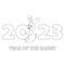 Colorless cartoon Rabbit holding number. Black and white template page for coloring book with Bunny as symbol of 2023 New Year.